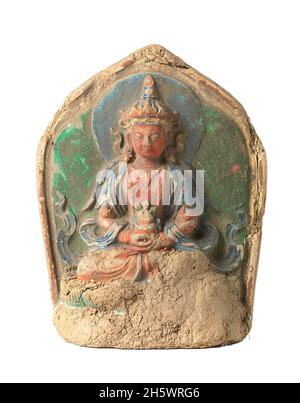 Skulptur, die Amitayus darstellt, auch bekannt als Amida oder Amit?bha. Nach den Schriften des Mahayana-Buddhismus ist Amitabha ein himmlischer buddha.Amit?bha ist der wichtigste buddha im Reinen Land-Buddhismus, einem Zweig des ostasiatischen Buddhismus. Im Vajrayana-Buddhismus ist Amit?bha für seine Langlebigkeit bekannt Amit?bha besitzt unendliche Verdienste, die aus guten Taten in unzähligen vergangenen Leben als Bodhisattva namens Dharm?kara resultieren. Amit?bha bedeutet 'Unendliches Licht', und Amit?yus bedeutet 'Unendliches Leben', daher wird Amit?bha auch 'der Buddha des unermesslichen Lichts und Lebens' genannt. Tibet, 1700-1800CE Stockfoto