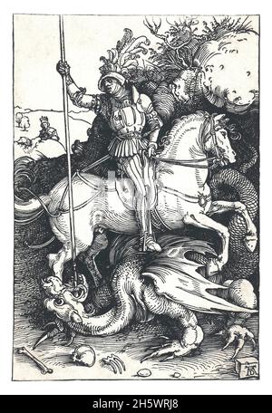 Saint George Slaying the Dragon der Einfluss der aufkommenden Renaissance-Kunst beeinflusste die Darstellung von Saint George. Wenn der heilige am Ende des 15. Jahrhunderts gewöhnlich als Ritter in Rüstung dargestellt wurde, nahm seine Tracht im 16. Jahrhundert klassische römische Züge an. Eine optimierte und verbesserte digitale Version eines historischen Drucks. Stockfoto