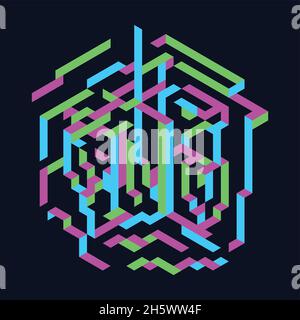 Geometrische rosa, grüne und blaue perspektivische Linien abstrakten Vektor-Hintergrund isoliert auf dunklem Hintergrund Stock Vektor