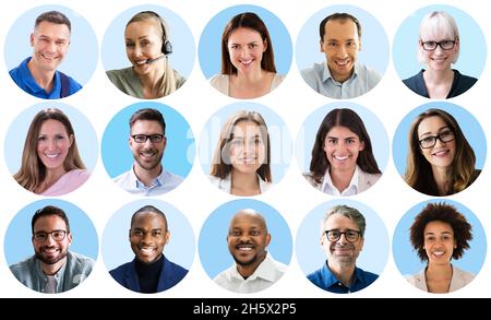 People Headshot Face Collage. Verschiedene Avatare Auf Blauem Hintergrund Stockfoto