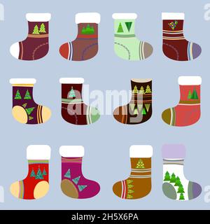 Set von Weihnachtssocken mit Weihnachtsbäumen verziert Stock Vektor