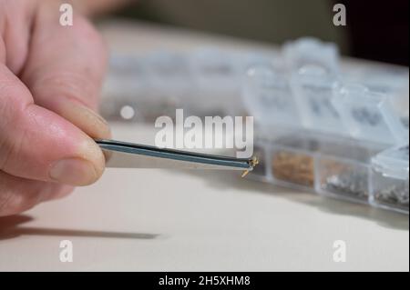 Eine Nahaufnahme der männlichen Hände nimmt eine Schraube für die Reparatur Gläser mit Pinzette Stockfoto