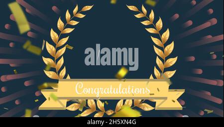 Bild des Glückwunschtextes über Konfetti und Krone auf grünem Hintergrund Stockfoto