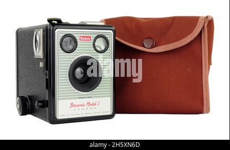 Kodak Box Brownie Model 1 Kamera ausgestattet mit einem F/14 Kodet Objektiv und einem Tragekoffer, wurden diese Kameras zwischen 1957 und 1959 in England produziert Stockfoto