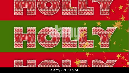 Bild von Stechpalme in rot-weißem Muster auf roten und grünen Streifen mit goldenen weihnachtssternen Stockfoto