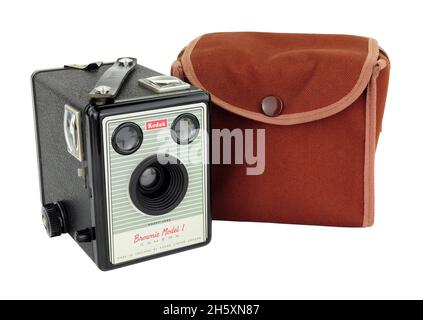 Kodak Box Brownie Model 1 Kamera ausgestattet mit einem F/14 Kodet Objektiv und einem Tragekoffer, wurden diese Kameras zwischen 1957 und 1959 in England produziert Stockfoto