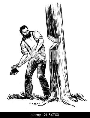 Kanadischer Holzfäller, der Baum mit Axt schneidet. Tinte schwarz-weiße Zeichnung Stockfoto