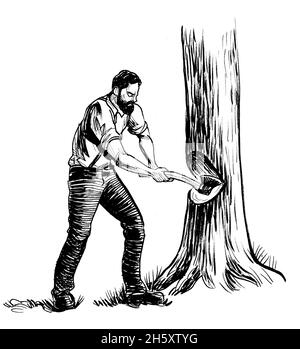 Kanadischer Holzfäller Schnittbaum. Tinte schwarz-weiße Zeichnung Stockfoto