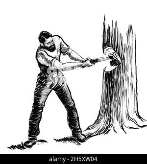 Kanadischer Holzfäller, der Baum mit Axt schneidet. Tinte schwarz-weiß Zeichnung Stockfoto