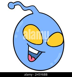 Blauer Alien-Kopf mit großen gelben Augen, die fröhlich lachen Stock Vektor