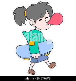 Tomboy Mädchen zu Fuß essen Kaugummi tragen Skateboard Stock Vektor