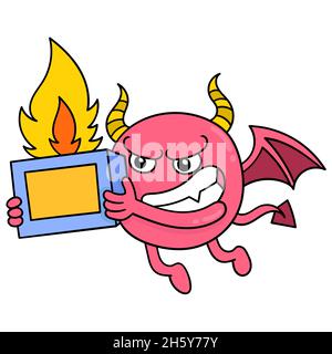 Der rote Teufel fliegt und bringt den Menschen Höllenfeuer Stock Vektor