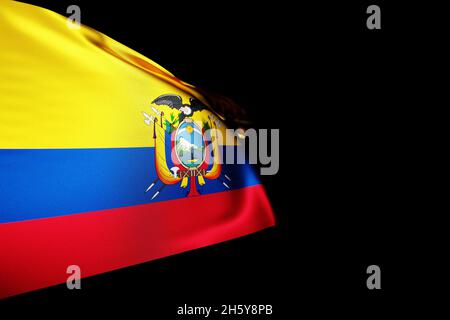 3D-Darstellung der Nationalflagge Ecuadors auf einem Metallfahnenmast, der vor dem schwarzen isolierten Hintergrund flattert. Ländersymbol. Stockfoto