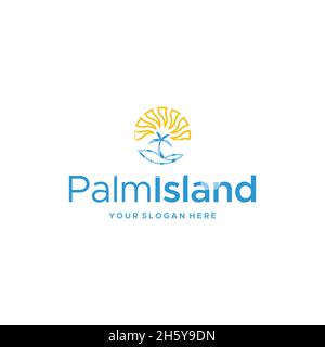 Minimalistisches PalmIsland-Logo mit Baum und Sonnenaufgang Stock Vektor