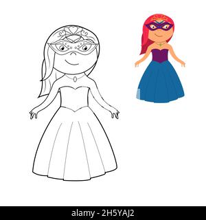Ein Malbuch, eine niedliche Prinzessin in einem Kleid, eine Maske und eine Krone. vektor-Cartoon-Illustration isoliert auf einem weißen Hintergrund Stock Vektor
