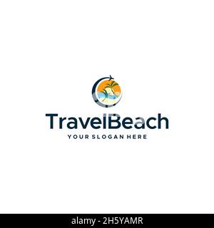 Modernes TravelBeach-Logo mit Plane Tree-Logo für den Sonnenaufgang Stock Vektor