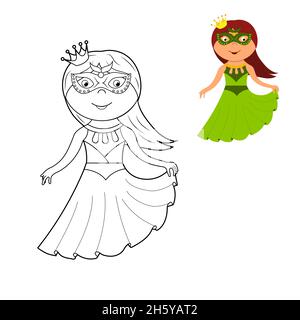 Ein Malbuch, eine niedliche Prinzessin in einem Kleid, eine Maske und eine Krone. vektor-Cartoon-Illustration isoliert auf einem weißen Hintergrund Stock Vektor