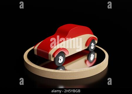 3d-Illustration eines roten Holzwagens mit Kinderspielzeug auf dem Podium. Spielzeug aus Holz Retro-Auto auf einem schwarzen isolierten Hintergrund Stockfoto