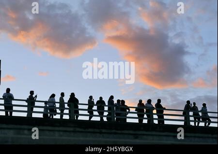 Zuschauer auf der Ann W Richards Congress Ave Bridge beobachten Fledermäuse, die ihre nächtliche Nahrungssuche in Austin, Texas, USA, machen Stockfoto