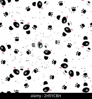 Nahtloses Muster mit niedlichem Panda, Fußabdruck auf weißem Hintergrund. Lustige asiatische Tiere. Karte, Postkarten für Kinder. Flache Vektorgrafik für Stoff Stock Vektor