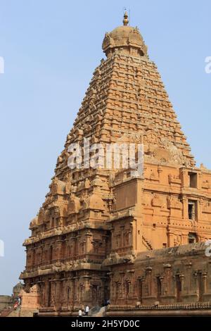 Stein Vimana des Brihadishvara Tempel, Thanjavur, Tamil Nadu, Indien. Hindu Tempel zu Lord Shiva geweiht Stockfoto