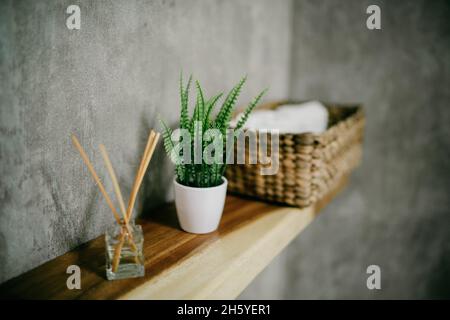 Aroma Myrrhe Sticks und ätherisches Öl in Glasflasche auf Regal fast weiße Wand im Badezimmer Stockfoto