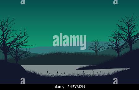 Fantastische Aussicht auf die Berge vom Flussufer in der Nacht mit den Silhouetten von trockenen Bäumen herum. Vektordarstellung einer Stadt Stock Vektor