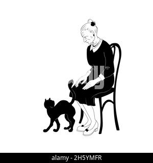 Ältere elegante Dame mit Katze. Line Art Konzept der Einsamkeit im Alter Lifestyle mit Ihrem geliebten Haustier Stock Vektor