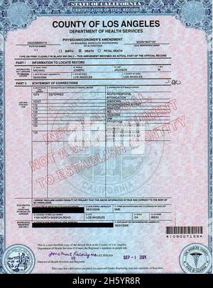 Michael Jackson Death Certificate Amendment Ca. 31. August 2009 Stockfoto