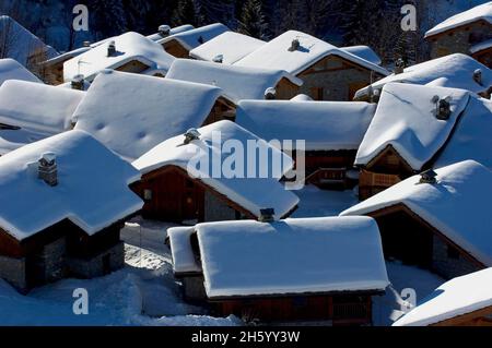 SKIGEBIET. SAINTE FOY TARENTAISE, SAVOIE (73), FRANKREICH Stockfoto