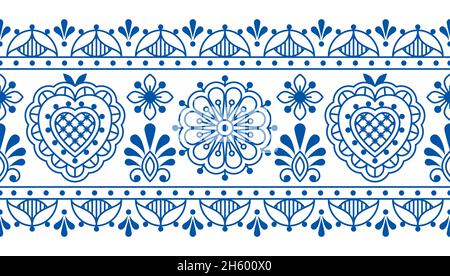 Nordische und skandinavische Volkskunst skizzieren Vektor nahtlose lange Muster mit Blumen und Rand, florale dekorative Textil- oder Stoffdruck-Design Stock Vektor