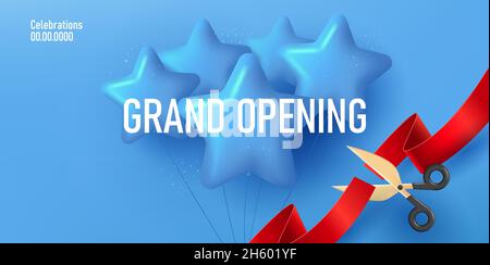 Blaues Plakat für große oppenting Veranstaltung mit Schere schneiden ein rotes Seidenband und Haufen Ballons in Form von Sternen. 3D Darstellung rendern Stock Vektor