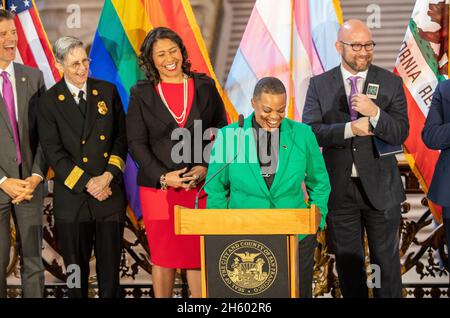 Carolyn Wysinger, Vorstandsvorsitzende von San Francisco Pride, spricht auf der Pressekonferenz zum Auftakt des San Francisco Pride 2020 im Rathaus von San Francisco. Ca. 18. Februar 2020 Stockfoto