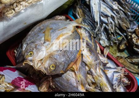 Juli 2017. Lokale Märkte sorgen für Wünsche und Bedürfnisse. Die Möglichkeit, Reis, Fisch und andere Waren zu kaufen, ist ein Hauptfaktor für den Bedarf an Bargeld und den Wunsch, an Unternehmenungsprojekten beteiligt zu werden. Puerto Princesa, Palawan, Philippinen. Stockfoto