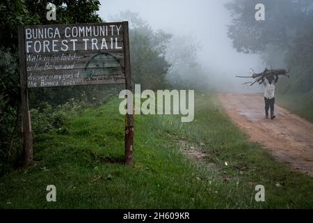 September 2017. Ein Mann mit gesammelter Brennholz geht an einem Schild für ein Kulturtourismusprogramm (Buniga Community Forest Trail) in der Nähe von Nkuringo Uganda vorbei Stockfoto