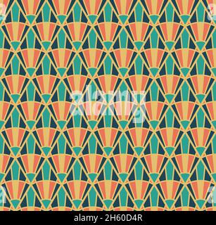 Nahtloses Muster-Design im minimalistischen Art-Deco-Stil mit hellen Farben in Blau, Gelb und Orange. Hintergrund mit einem Muster aus gelben Rauten Stock Vektor