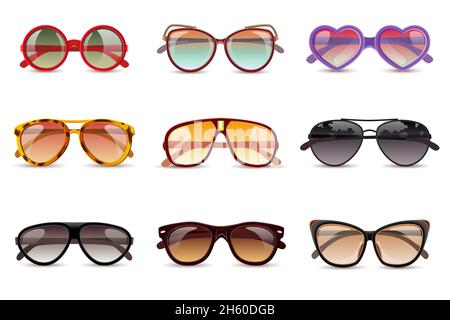 Sommer Sonnenschutz Sonnenbrille realistische Symbole setzen isoliert Vektor Illustration Stock Vektor