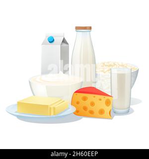 Frische Bio-Milchprodukte Set mit Käse und Butter Vektor Abbildung Stock Vektor