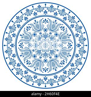 Skandinavische Blumen Mandala Vektor-Stickerei Folk Art Stil - nordische Umriss runden Muster mit Blumen und Blättern in blau auf weiß Stock Vektor