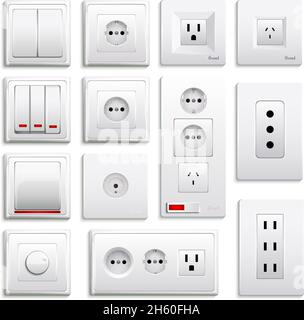Satz von realistischen Schaltern und Buchsen verschiedener Art isoliert Auf weißem Hintergrund 3D Vektorgrafik Stock Vektor