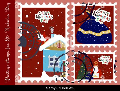 Dezember 6. St. Nicolas Tag. Sinterkalaas. Christlicher Winterurlaub für Kinder. Weihnachtsfeiertage. Briefmarken für St. Nikolaus. Aufkleber für de Stock Vektor