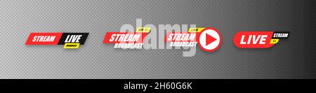 Live-Stream-Vektor-Übertragung Sticker Sammlung. Broadcast Streaming vlog Cyberspace Konzept Aufkleber isolierte Illustration. Stock Vektor