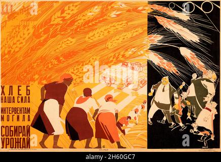 Sowjetische Landwirtschaft gegen die Reaktionisten (1931). Russisches Propagandaposter. Stockfoto