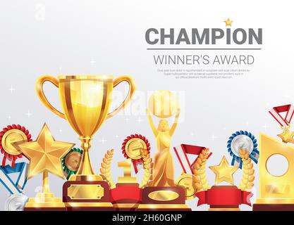 Sportwettbewerbe Gewinner vergibt realistische Komposition Poster mit Gold Silber Bronzemedaillen und Championship Cup Vektorgrafik Stock Vektor