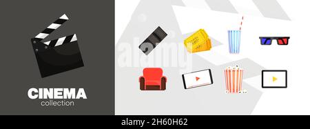 Kino Vektor Illustration Set mit Popcorn, Filmstreifen, Ticket, Stuhl, Klappbrett, Vektorset für die Filmsammlung. Stock Vektor