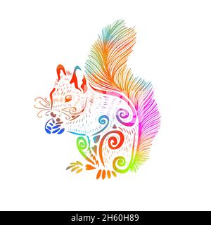Eichhörnchen und Haselnuss Skizze Gravur Vektor-Illustration. T-Shirt-Druck im Bekleidungsdesign. Nachahmung der Rubbelplatte. Von Hand gezeichnetes Schwarz-Weiß-Bild. Stock Vektor