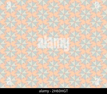 Nahtloses Muster-Vektor-Design mit einem Mosaik-Stil in pastellblauen und orangen Farben. Hintergrund mit einem geometrischen Muster aus Quadraten und blauen Sternen Stock Vektor