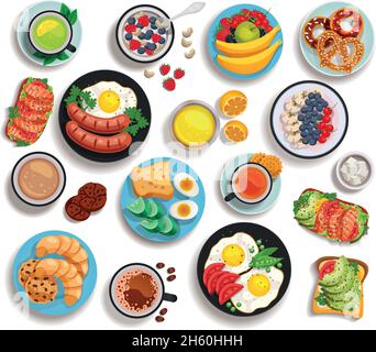 Zum Frühstück gab es ein isoliertes Set mit Gerichten von oben Tafelgeschirr oder Pan isoliert Vektor Illustration Stock Vektor