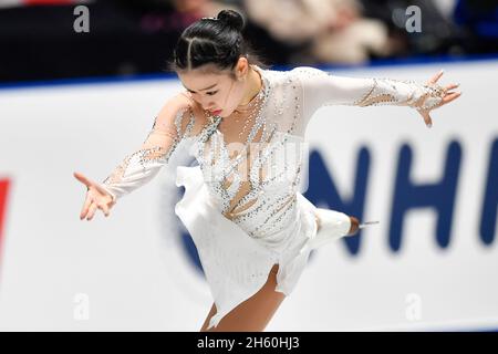 Tokio, Japan. November 2021. Kawabe Mana aus Japan tritt am 12. November 2021 beim Women Short Program beim Grand Prix der Internationalen Eiskunstlauf-Union (ISU) in Tokio, Japan, an. Quelle: Zhang Xiaoyu/Xinhua/Alamy Live News Stockfoto