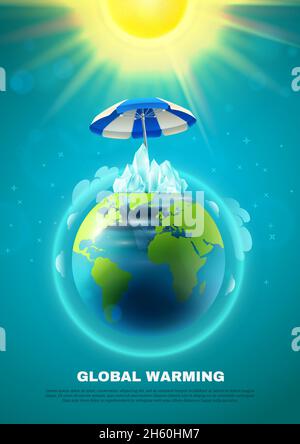 Plakat zur Erderwärmung mit Planet Erde in Atmosphäre unter Regenschirm Von Sonne auf blauem Hintergrund Vektorgrafik Stock Vektor